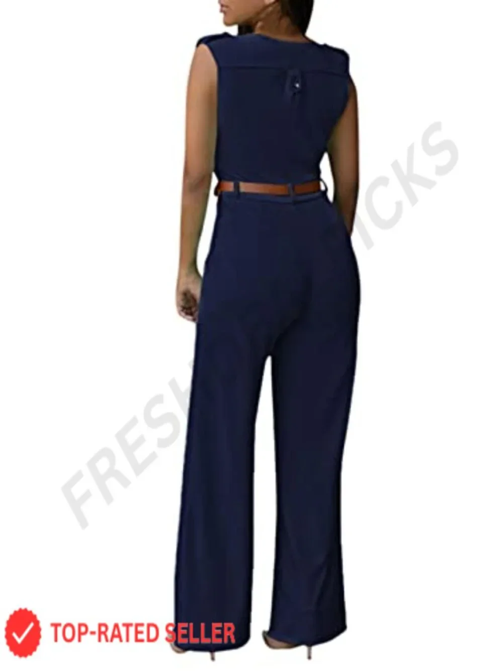Women's Wide Leg Jumpsuit V-Neck Sleeveless Romper with Pockets & Belt